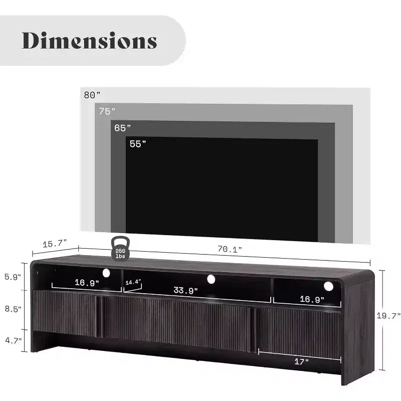 70 Modern TV Stand with Fluted Design & Storage Cabinets, for TVs up to 80, Wood Entertainment Center Media Console for Living Room