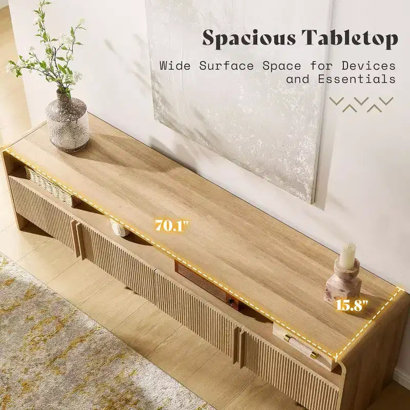 Meuble TV moderne de 178 cm avec design cannelé et armoires de rangement, pour téléviseurs jusqu'à 80 pouces, meuble de télévision en bois pour salon