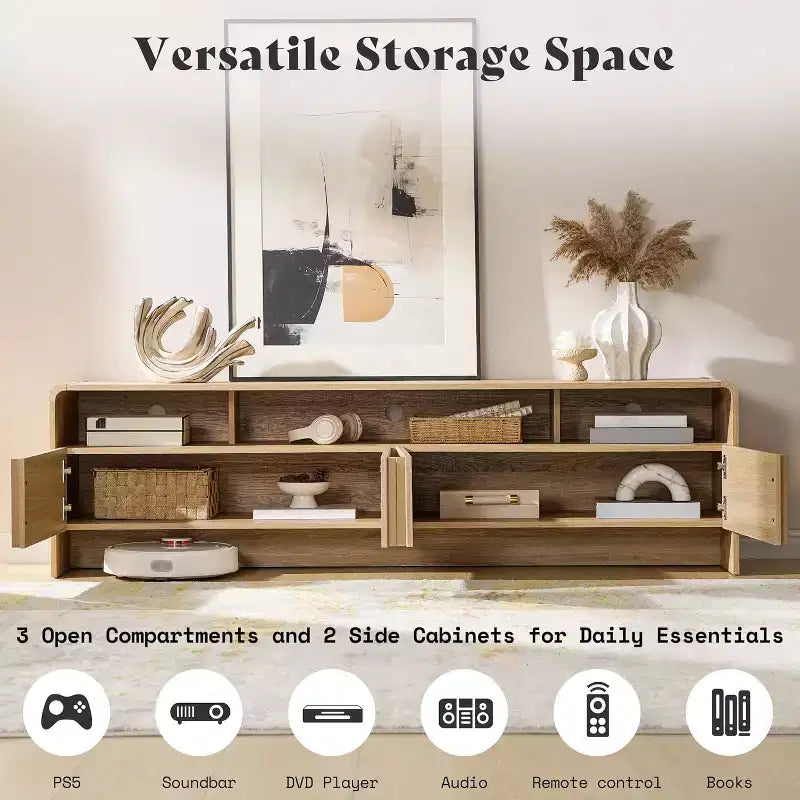 Meuble TV moderne de 178 cm avec design cannelé et armoires de rangement, pour téléviseurs jusqu'à 80 pouces, meuble de télévision en bois pour salon