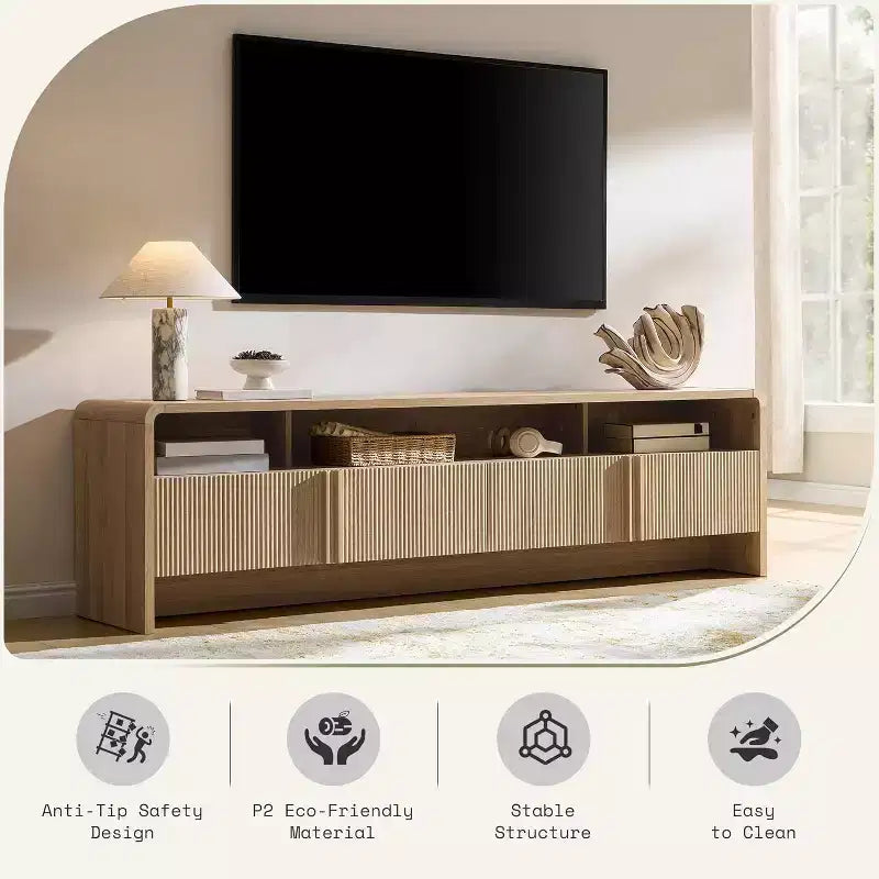 Meuble TV moderne de 178 cm avec design cannelé et armoires de rangement, pour téléviseurs jusqu'à 80 pouces, meuble de télévision en bois pour salon