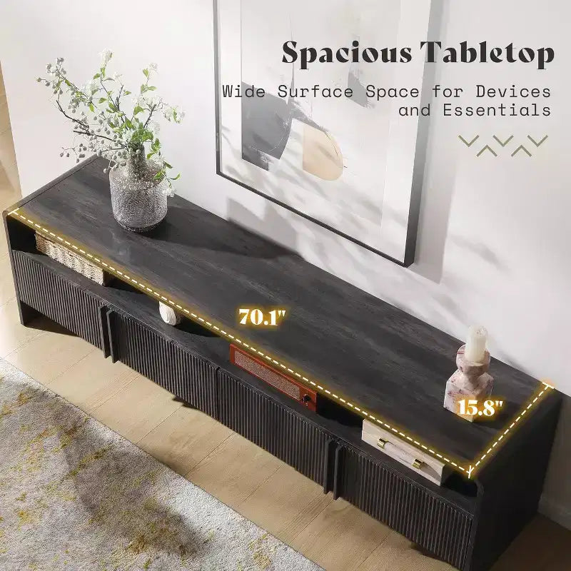 Meuble TV moderne de 178 cm avec design cannelé et armoires de rangement, pour téléviseurs jusqu'à 80 pouces, meuble de télévision en bois pour salon