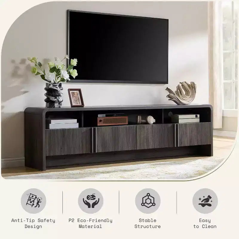 Meuble TV moderne de 178 cm avec design cannelé et armoires de rangement, pour téléviseurs jusqu'à 80 pouces, meuble de télévision en bois pour salon