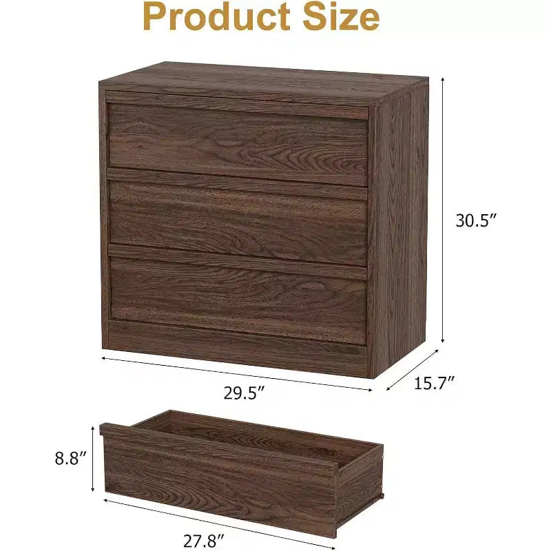 Modern Walnut 3-Drawer Dresser: Large Storage Chest, Space-Saving as a Nightstand, Entryway Table, or Nursery Organizer.