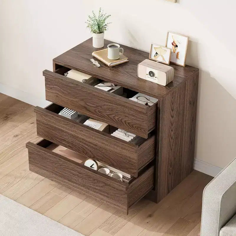 Modern Walnut 3-Drawer Dresser: Large Storage Chest, Space-Saving as a Nightstand, Entryway Table, or Nursery Organizer.