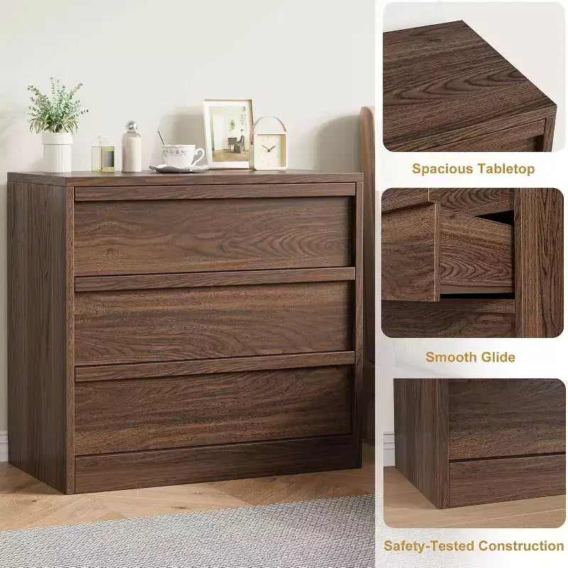 Modern Walnut 3-Drawer Dresser: Large Storage Chest, Space-Saving as a Nightstand, Entryway Table, or Nursery Organizer.