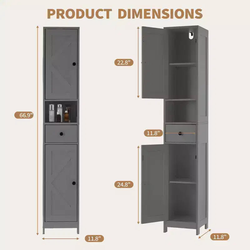 Meuble de rangement WC, Armoire de salle de bain haute avec tiroir et étagère ouverte, Meuble de rangement étroit de 170 cm pour salle de bain, Étagères réglables