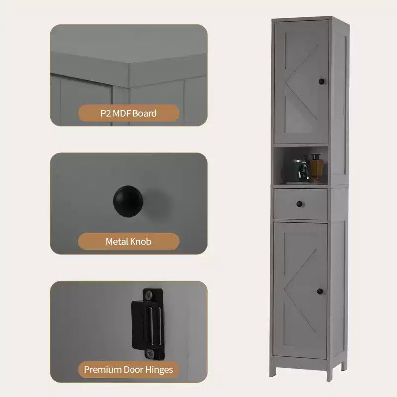Meuble de rangement WC, Armoire de salle de bain haute avec tiroir et étagère ouverte, Meuble de rangement étroit de 170 cm pour salle de bain, Étagères réglables