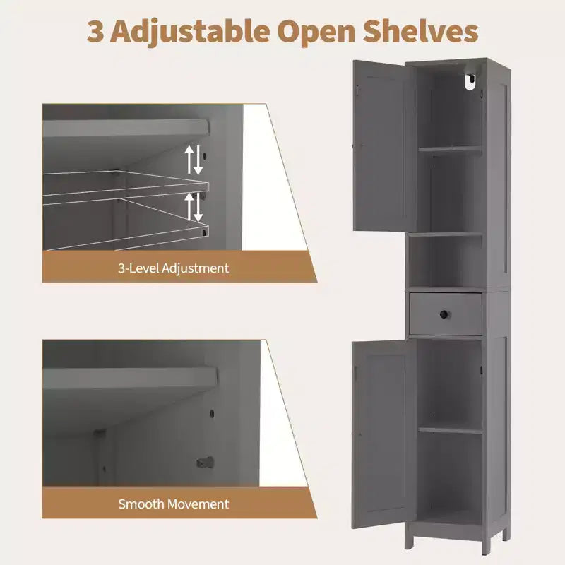 Meuble de rangement WC, Armoire de salle de bain haute avec tiroir et étagère ouverte, Meuble de rangement étroit de 170 cm pour salle de bain, Étagères réglables