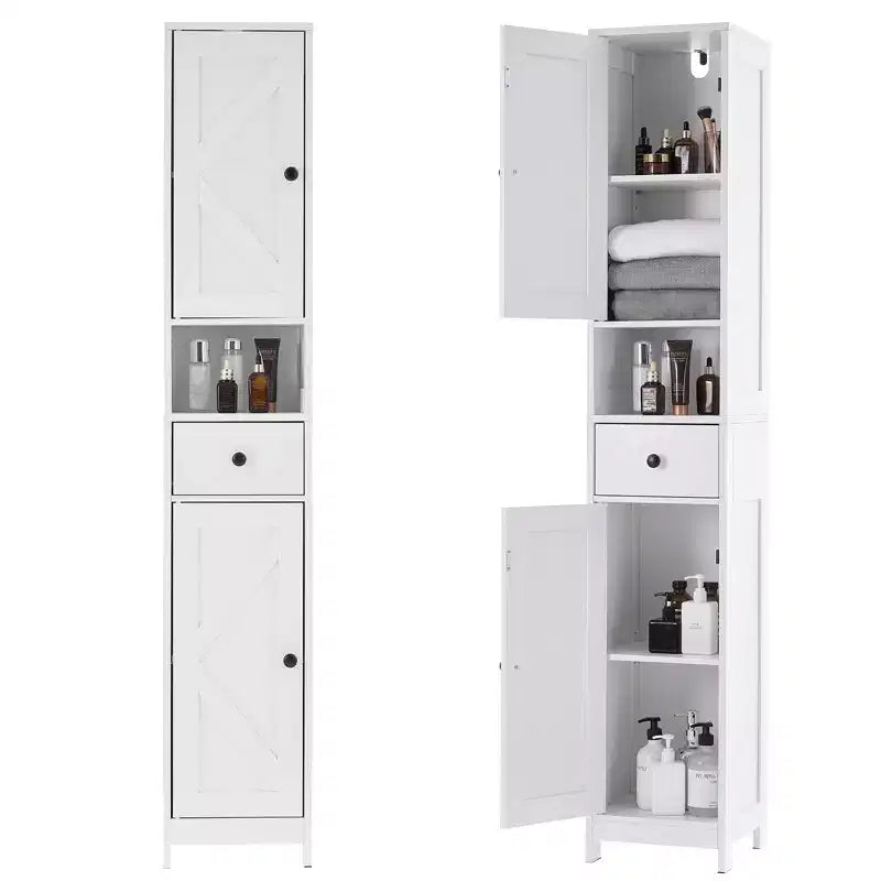 Meuble de rangement WC, Armoire de salle de bain haute avec tiroir et étagère ouverte, Meuble de rangement étroit de 170 cm pour salle de bain, Étagères réglables