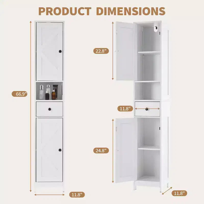 Meuble de rangement WC, Armoire de salle de bain haute avec tiroir et étagère ouverte, Meuble de rangement étroit de 170 cm pour salle de bain, Étagères réglables