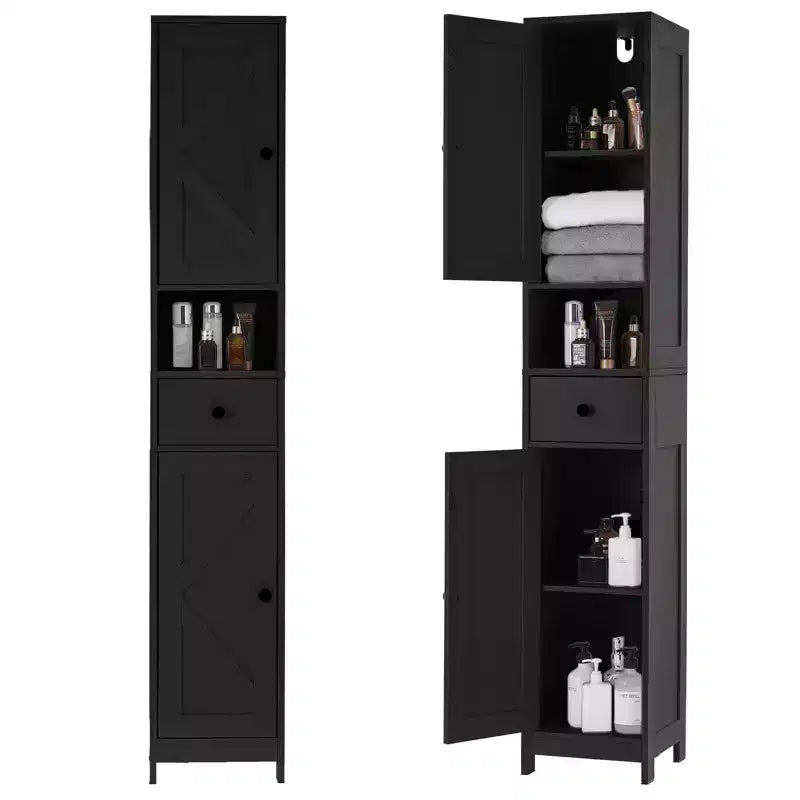 Meuble de rangement WC, Armoire de salle de bain haute avec tiroir et étagère ouverte, Meuble de rangement étroit de 170 cm pour salle de bain, Étagères réglables
