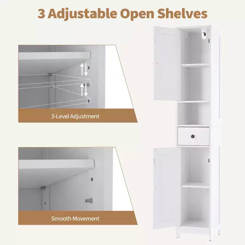 Meuble de rangement WC, Armoire de salle de bain haute avec tiroir et étagère ouverte, Meuble de rangement étroit de 170 cm pour salle de bain, Étagères réglables