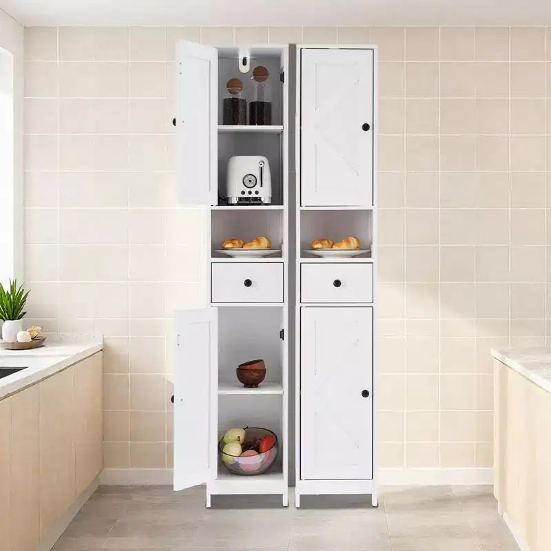 Meuble de rangement WC, Armoire de salle de bain haute avec tiroir et étagère ouverte, Meuble de rangement étroit de 170 cm pour salle de bain, Étagères réglables