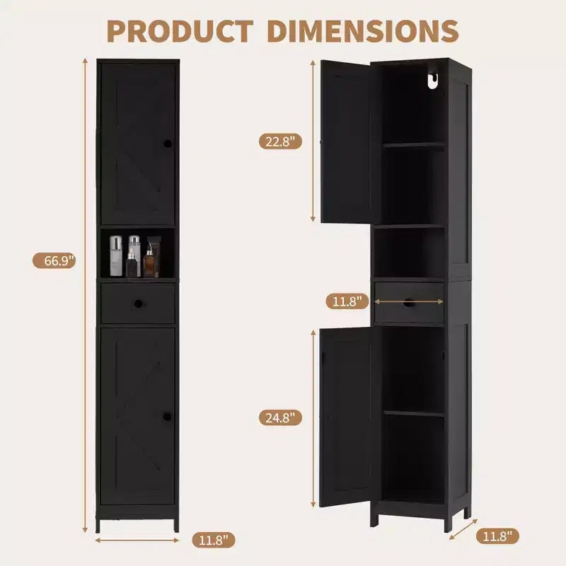 Meuble de rangement WC, Armoire de salle de bain haute avec tiroir et étagère ouverte, Meuble de rangement étroit de 170 cm pour salle de bain, Étagères réglables