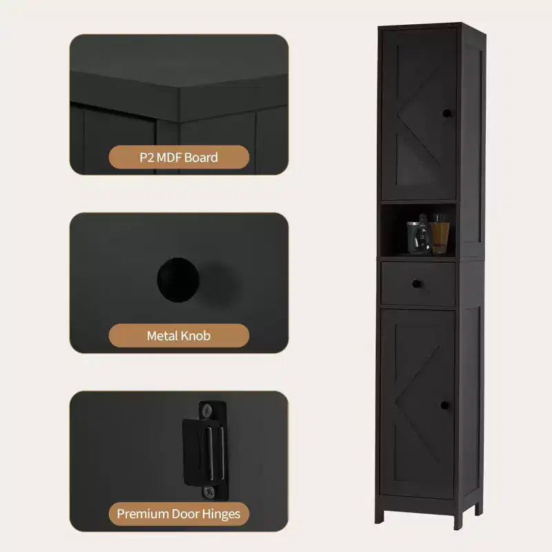 Meuble de rangement WC, Armoire de salle de bain haute avec tiroir et étagère ouverte, Meuble de rangement étroit de 170 cm pour salle de bain, Étagères réglables