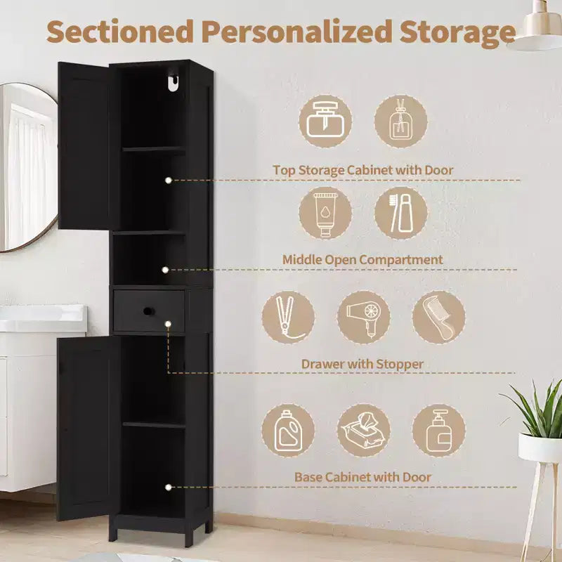 Meuble de rangement WC, Armoire de salle de bain haute avec tiroir et étagère ouverte, Meuble de rangement étroit de 170 cm pour salle de bain, Étagères réglables