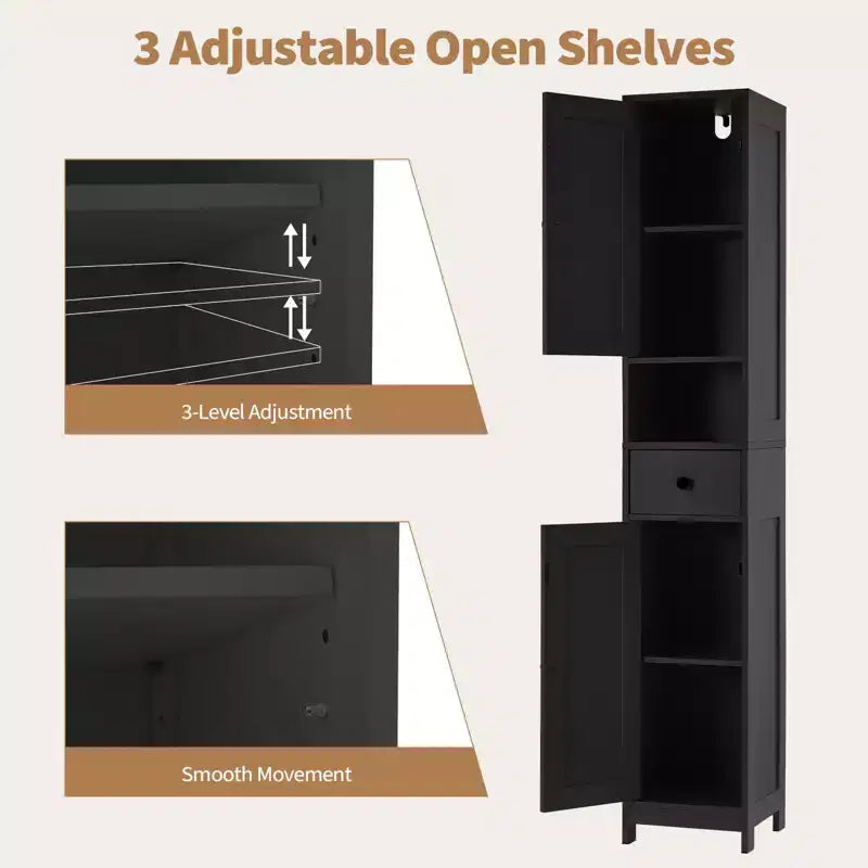 Meuble de rangement WC, Armoire de salle de bain haute avec tiroir et étagère ouverte, Meuble de rangement étroit de 170 cm pour salle de bain, Étagères réglables