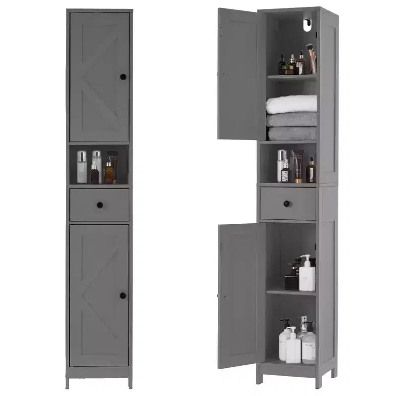 Meuble de rangement WC, Armoire de salle de bain haute avec tiroir et étagère ouverte, Meuble de rangement étroit de 170 cm pour salle de bain, Étagères réglables