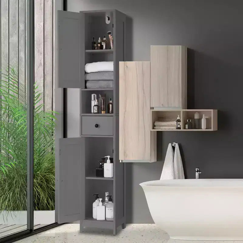 Meuble de rangement WC, Armoire de salle de bain haute avec tiroir et étagère ouverte, Meuble de rangement étroit de 170 cm pour salle de bain, Étagères réglables
