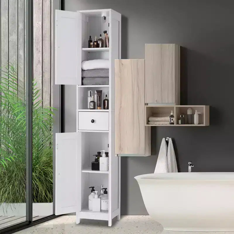 Meuble de rangement WC, Armoire de salle de bain haute avec tiroir et étagère ouverte, Meuble de rangement étroit de 170 cm pour salle de bain, Étagères réglables