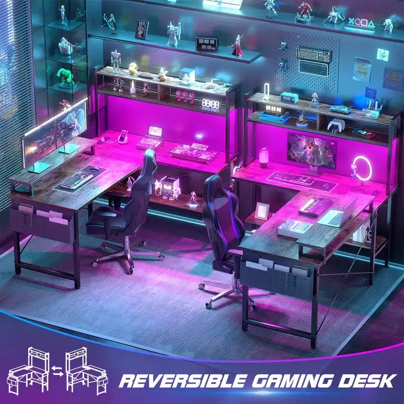 Bureau d'ordinateur en L avec écran et étagère, bureau de jeu avec station de charge