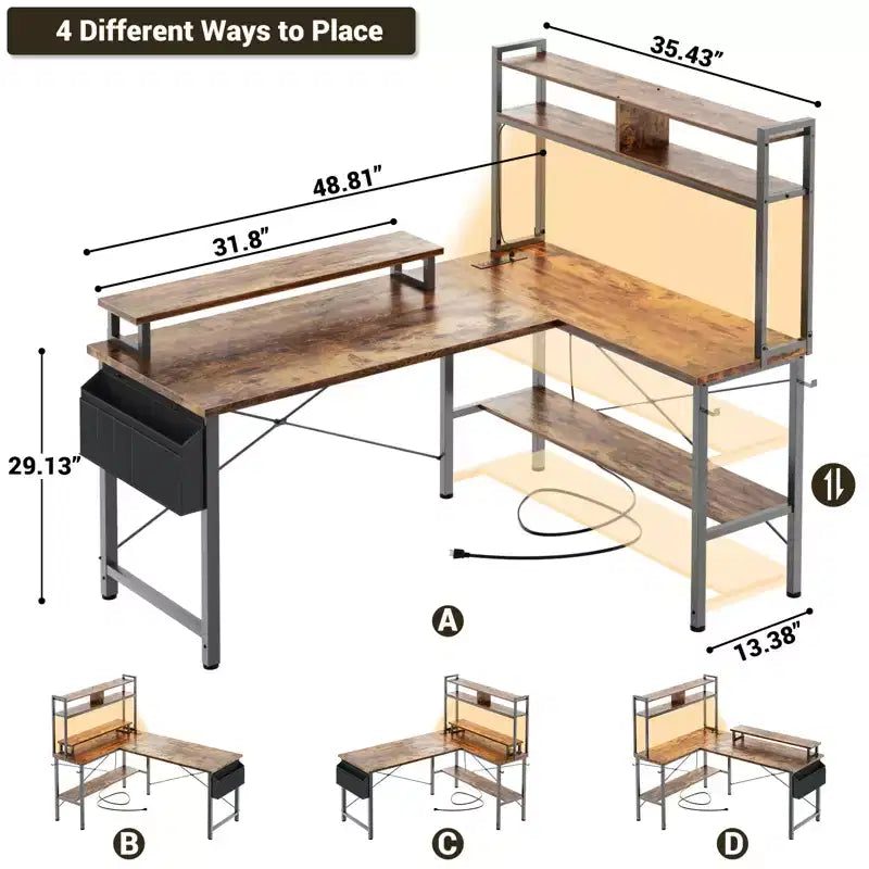 Bureau d'ordinateur en L avec écran et étagère, bureau de jeu avec station de charge