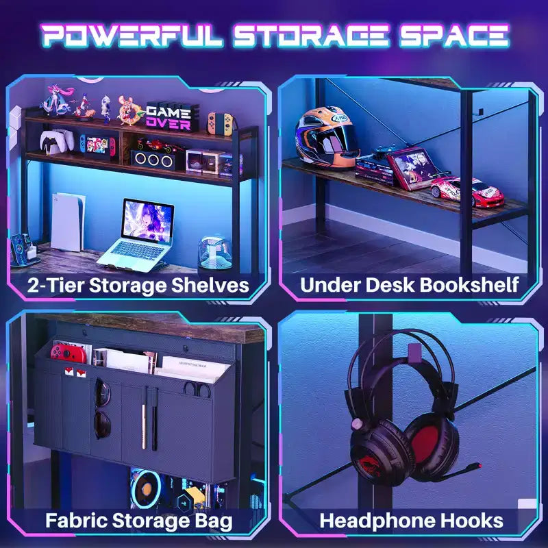 Bureau d'ordinateur en L avec écran et étagère, bureau de jeu avec station de charge