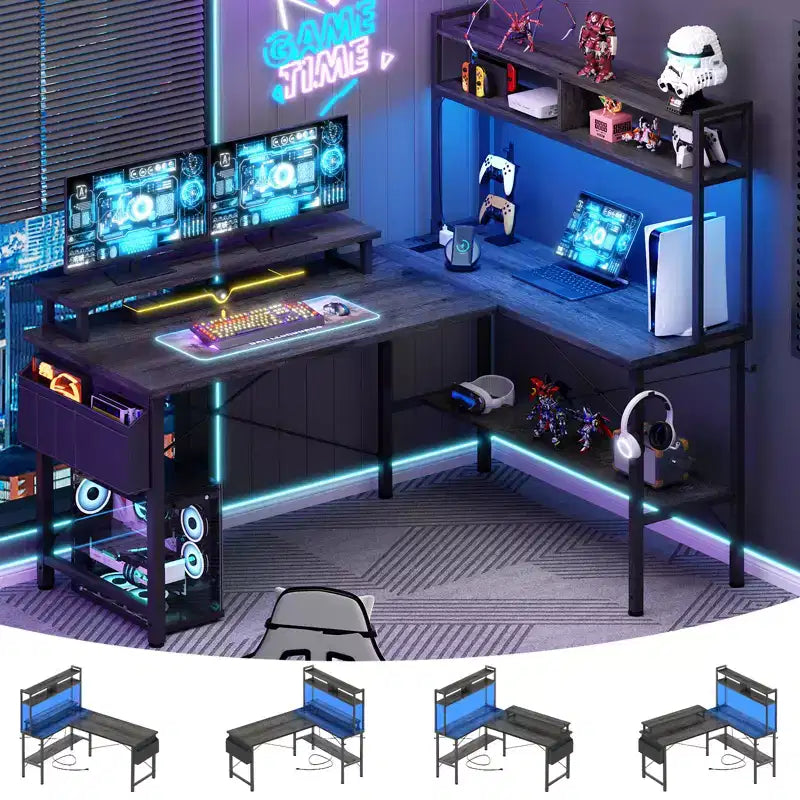 Bureau d'ordinateur en L avec écran et étagère, bureau de jeu avec station de charge