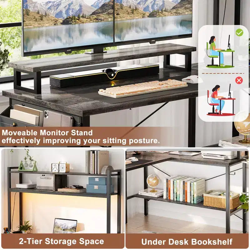 Bureau d'ordinateur en L avec écran et étagère, bureau de jeu avec station de charge