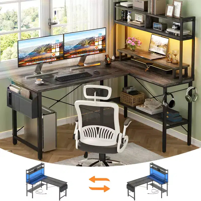Bureau d'ordinateur en L avec écran et étagère, bureau de jeu avec station de charge