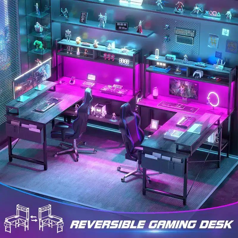 Bureau d'ordinateur en L avec écran et étagère, bureau de jeu avec station de charge