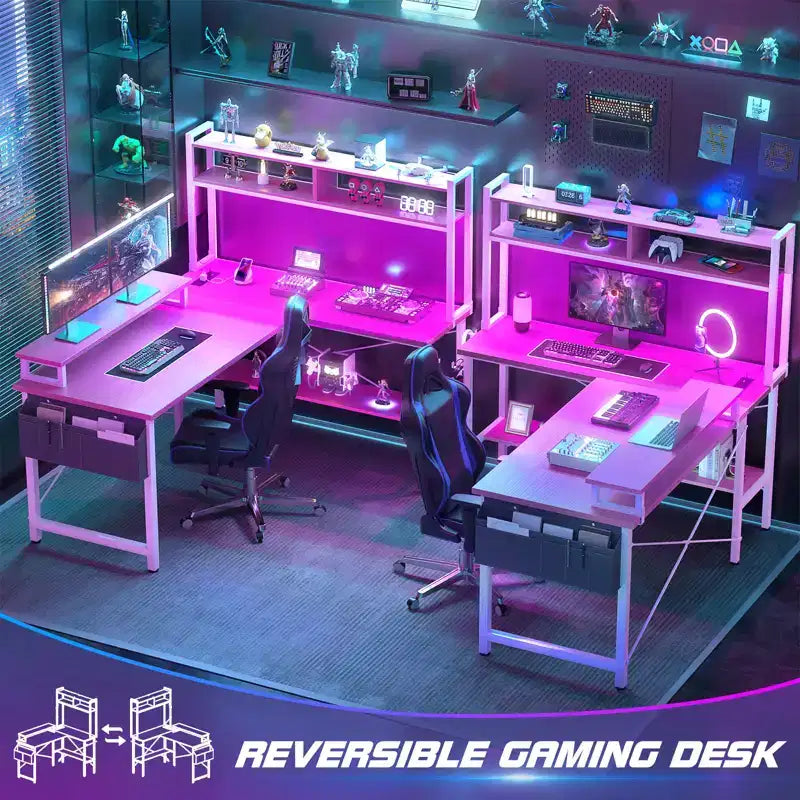 Bureau d'ordinateur en L avec écran et étagère, bureau de jeu avec station de charge