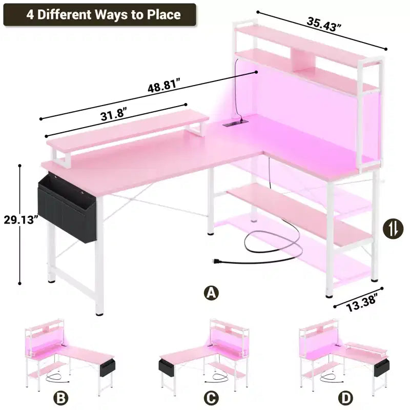 Bureau d'ordinateur en L avec écran et étagère, bureau de jeu avec station de charge