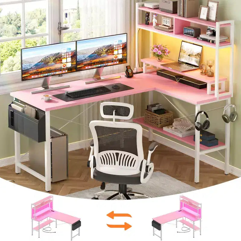 Bureau d'ordinateur en L avec écran et étagère, bureau de jeu avec station de charge