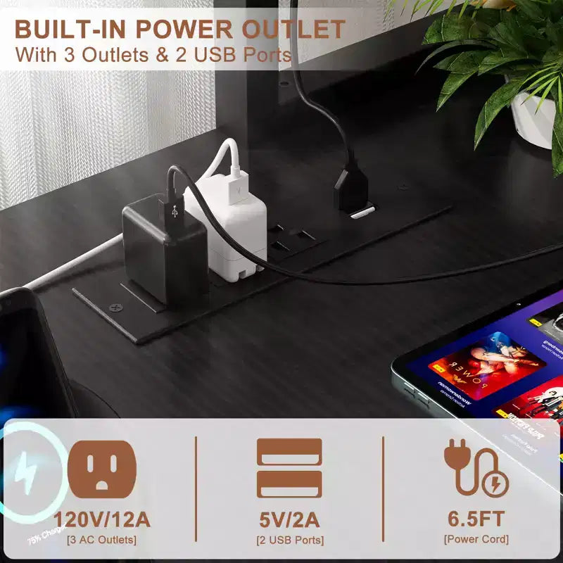 Bureau d'ordinateur en L avec écran et étagère, bureau de jeu avec station de charge