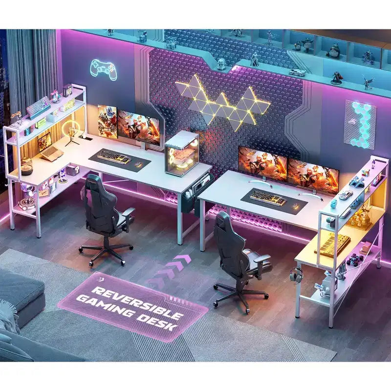Bureau d'ordinateur en L avec écran et étagère, bureau de jeu avec station de charge