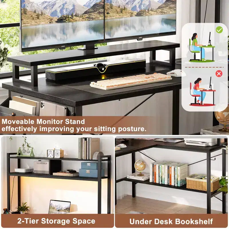 Bureau d'ordinateur en L avec écran et étagère, bureau de jeu avec station de charge