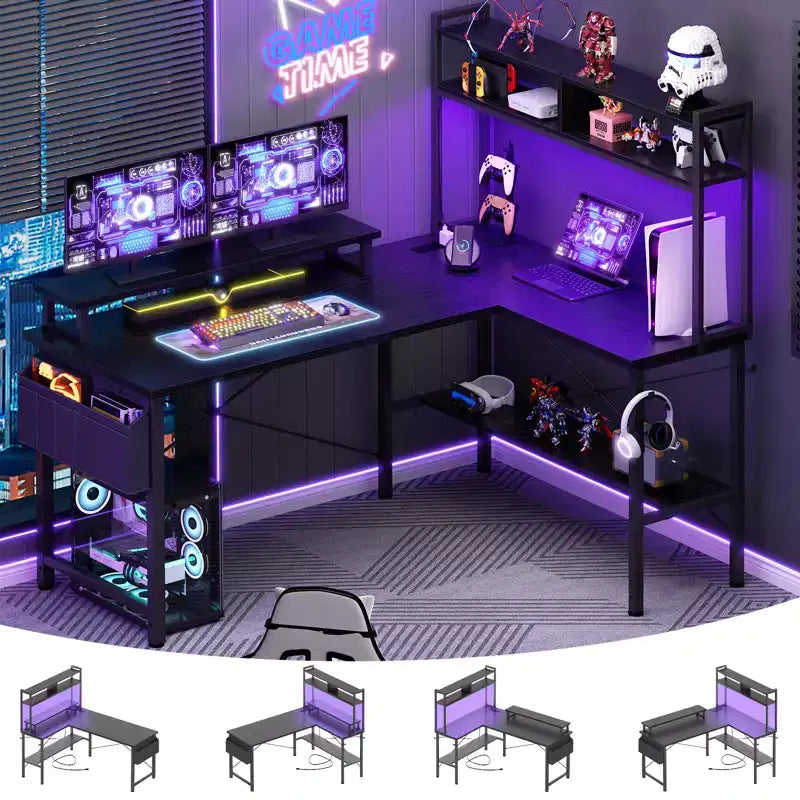 Bureau d'ordinateur en L avec écran et étagère, bureau de jeu avec station de charge
