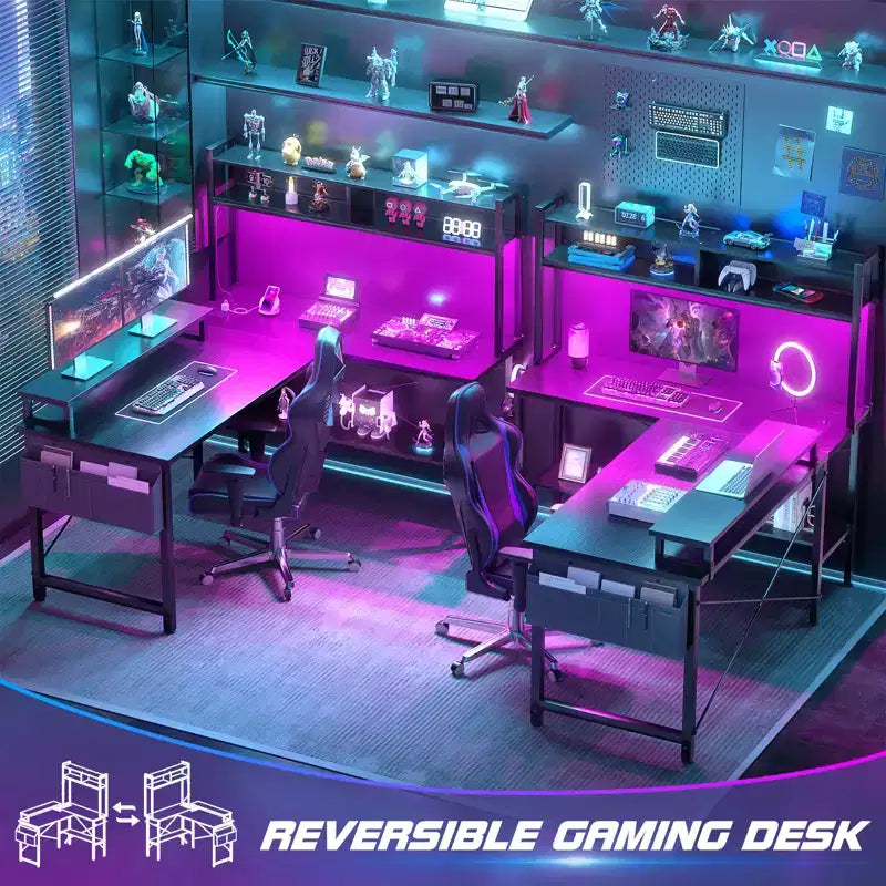 Bureau d'ordinateur en L avec écran et étagère, bureau de jeu avec station de charge