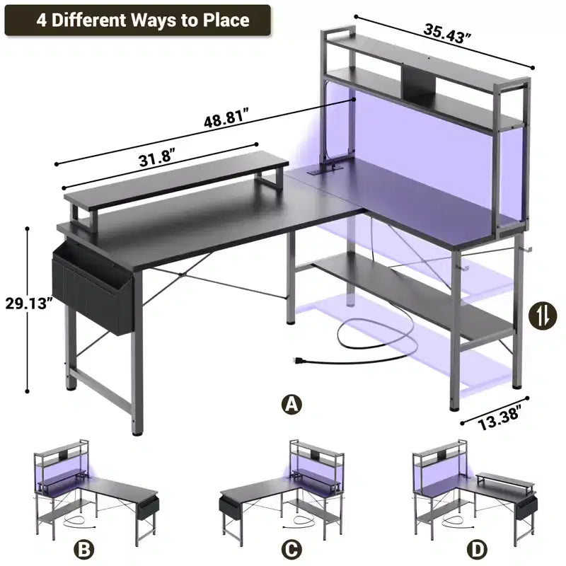 Bureau d'ordinateur en L avec écran et étagère, bureau de jeu avec station de charge