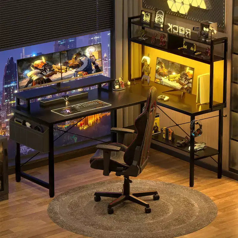 L-Shaped Computer Desk with Monitor and Hutch, Gaming Desk with Charging Station
