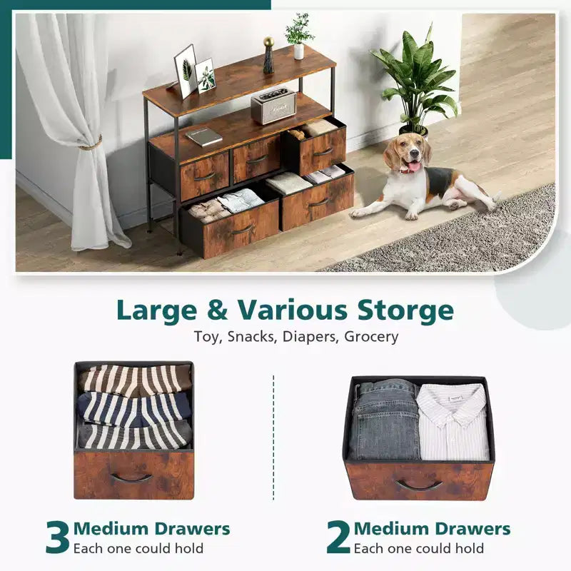 Commode 5 tiroirs avec plateau en bois et étagère ouverte, tour de rangement en tissu avec cadre en métal, commode pour meuble TV, chambre, entrée, vêtements