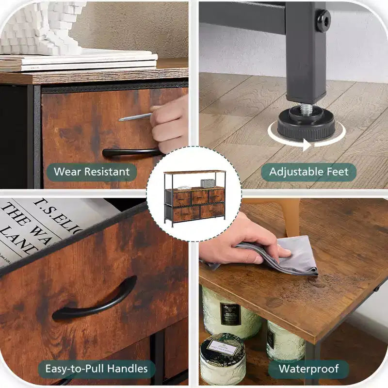 Commode 5 tiroirs avec plateau en bois et étagère ouverte, tour de rangement en tissu avec cadre en métal, commode pour meuble TV, chambre, entrée, vêtements