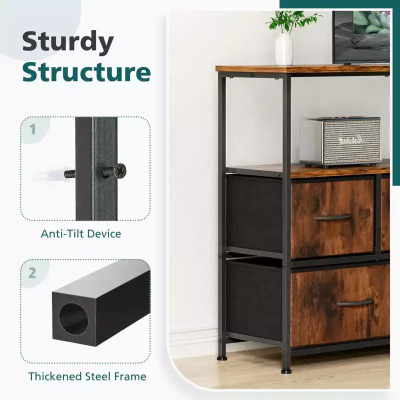 Commode 5 tiroirs avec plateau en bois et étagère ouverte, tour de rangement en tissu avec cadre en métal, commode pour meuble TV, chambre, entrée, vêtements