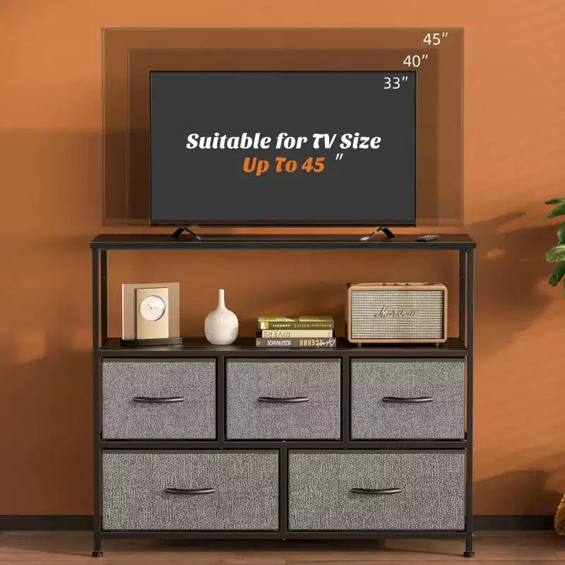 Commode 5 tiroirs avec plateau en bois et étagère ouverte, tour de rangement en tissu avec cadre en métal, commode pour meuble TV, chambre, entrée, vêtements