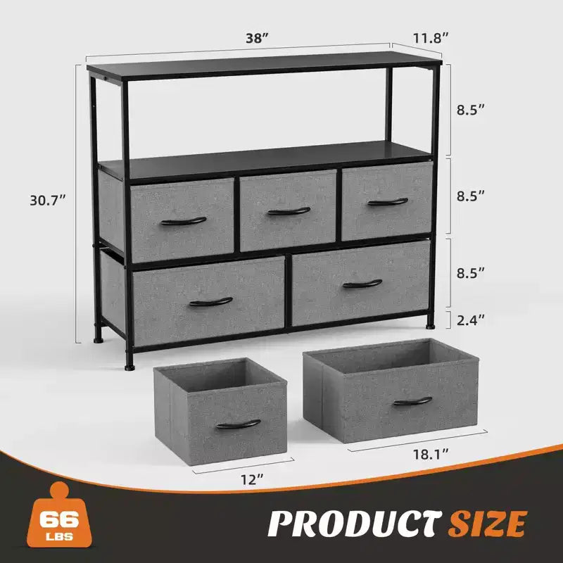 Commode 5 tiroirs avec plateau en bois et étagère ouverte, tour de rangement en tissu avec cadre en métal, commode pour meuble TV, chambre, entrée, vêtements
