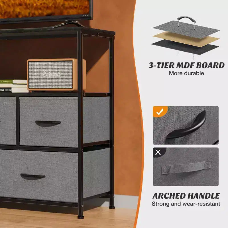 Commode 5 tiroirs avec plateau en bois et étagère ouverte, tour de rangement en tissu avec cadre en métal, commode pour meuble TV, chambre, entrée, vêtements