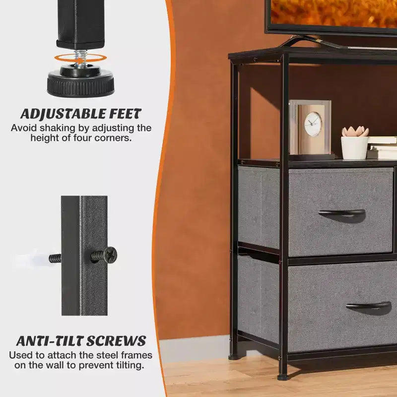 Commode 5 tiroirs avec plateau en bois et étagère ouverte, tour de rangement en tissu avec cadre en métal, commode pour meuble TV, chambre, entrée, vêtements