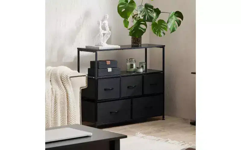 5 Drawers Dresser with Wood Top & Open Shelf,Fabric Storage Tower with Metal Frame,Chest of Drawers for TV Stand,Bedroom,Entryway,Clothes