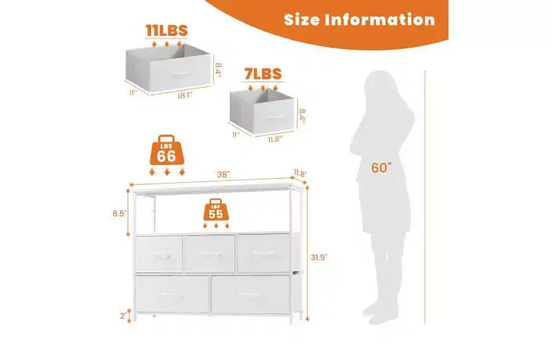 Commode 5 tiroirs avec plateau en bois et étagère ouverte, tour de rangement en tissu avec cadre en métal, commode pour meuble TV, chambre, entrée, vêtements